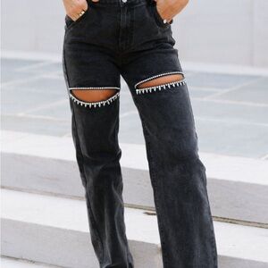 blue b. Cut out rhinestone black jeans